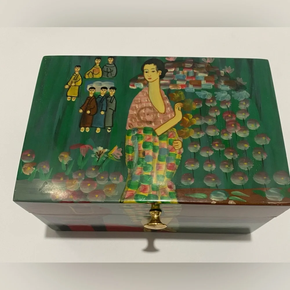 Asian Hand-Painted Lacquer Wood Box Jewelry Japanese Chinese Oriental Hinge Lid